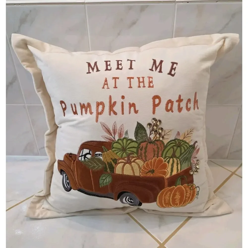 New Set of 2 Fall Autumn Farmhouse Throw Pillows Meet Me At The Pumpkin Patch...